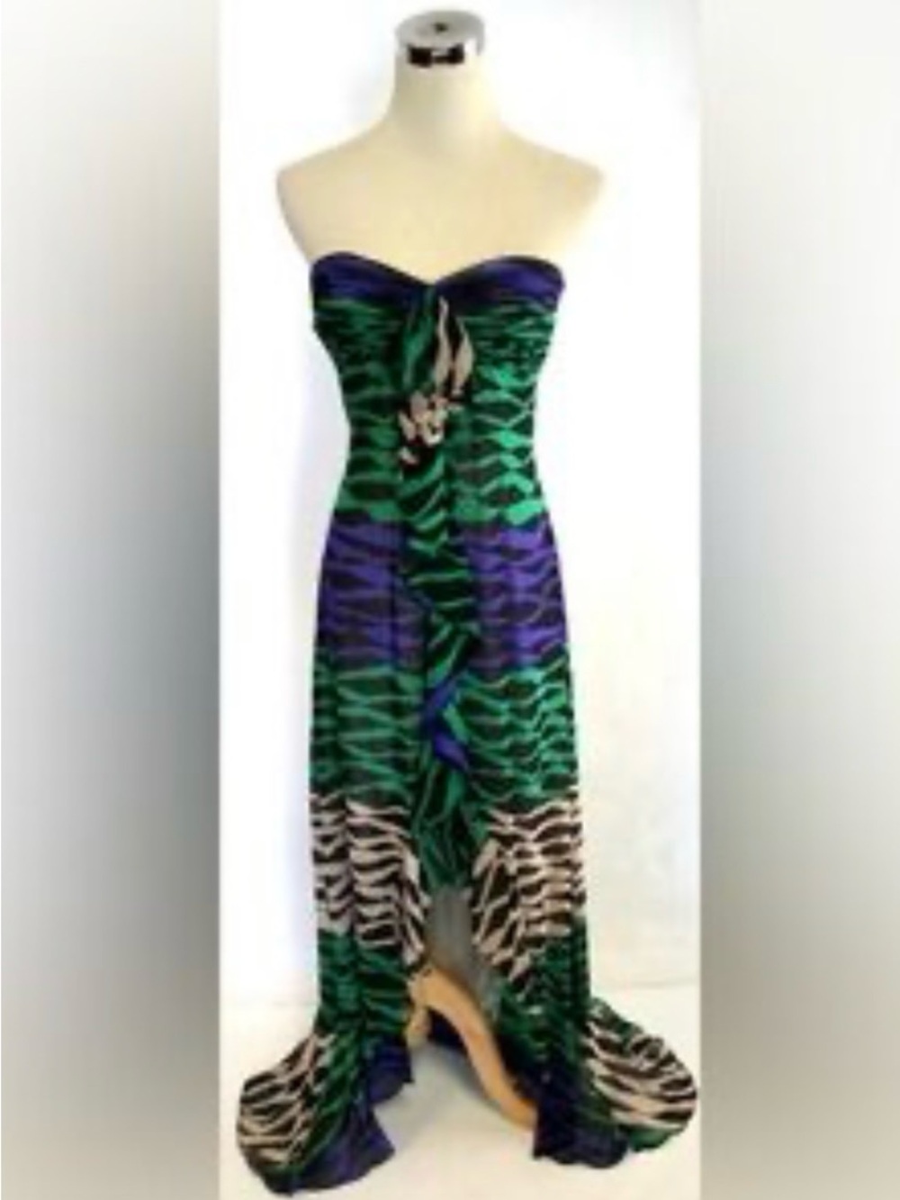 BCBG Strapless Green and Purple Printed Maxi Gown
